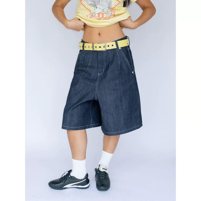 Extra Wide Pleated Denim Shorts