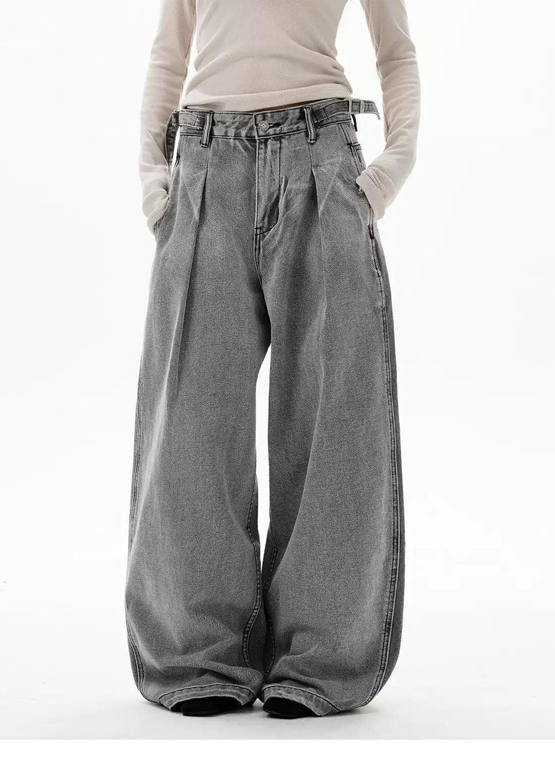 Waist Strap Pleated Loose Jeans
