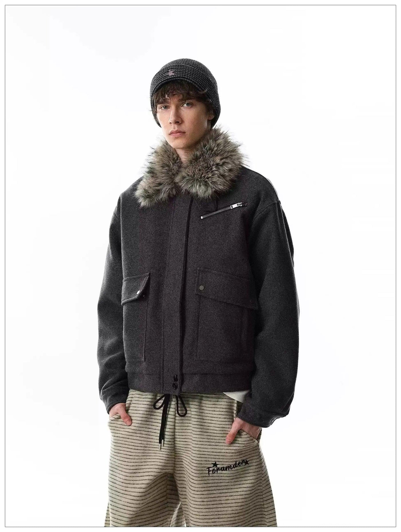 Faux Fur Collar Big Pockets Jacket