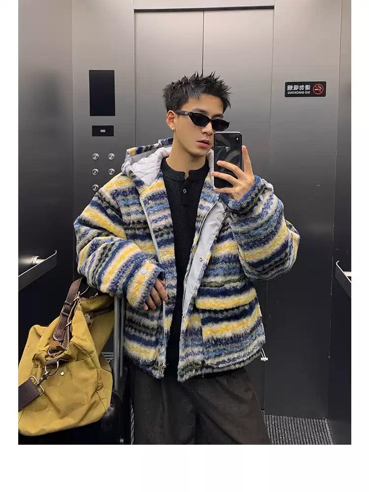 Contrast Striped Hooded Fleece Jacket