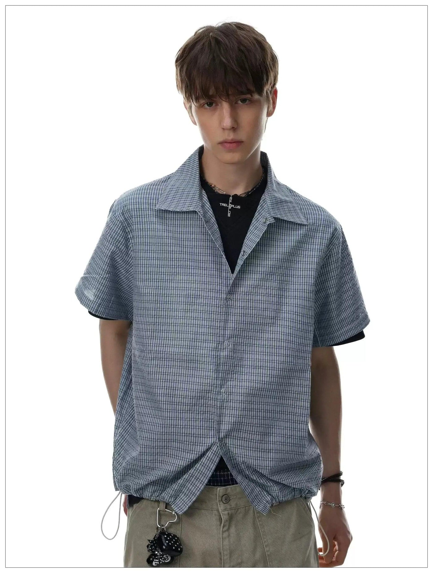 Drawstring Boxy Fit Plaid Shirt