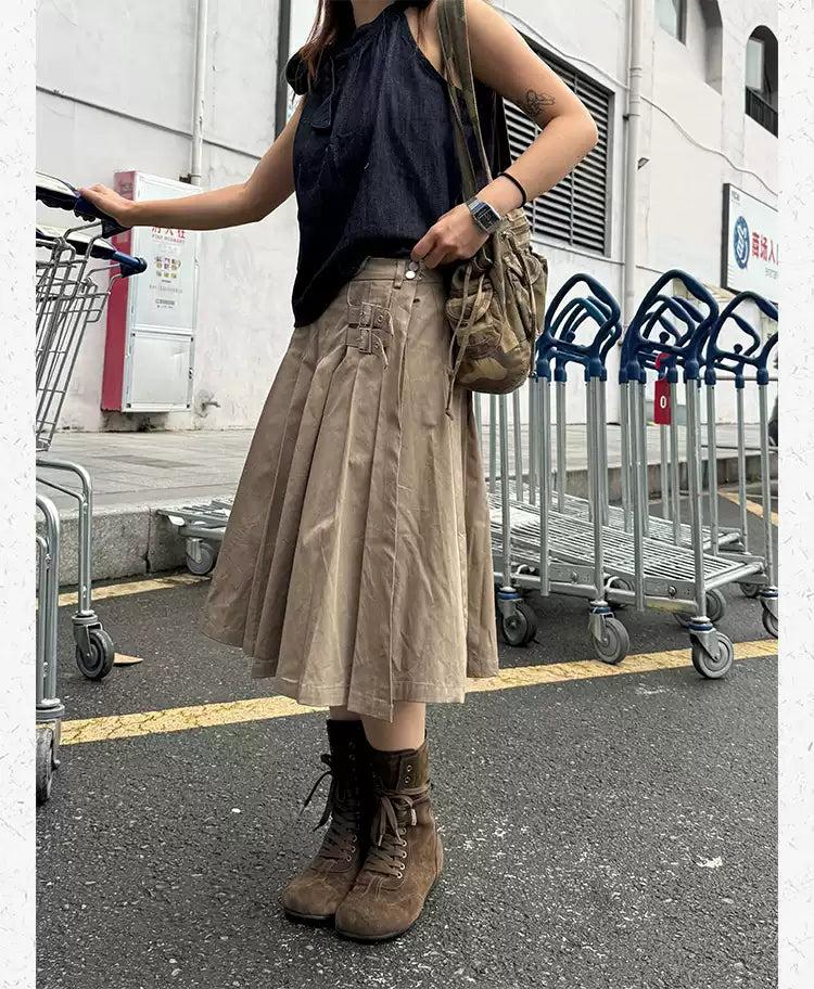 Strapped & Pleated Midi Skirt