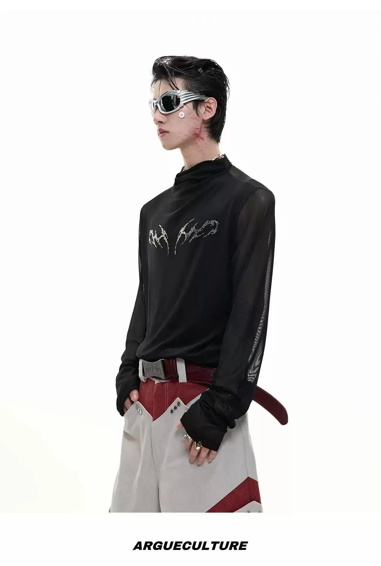 Metallic Print Mesh Long Sleeve T-Shirt