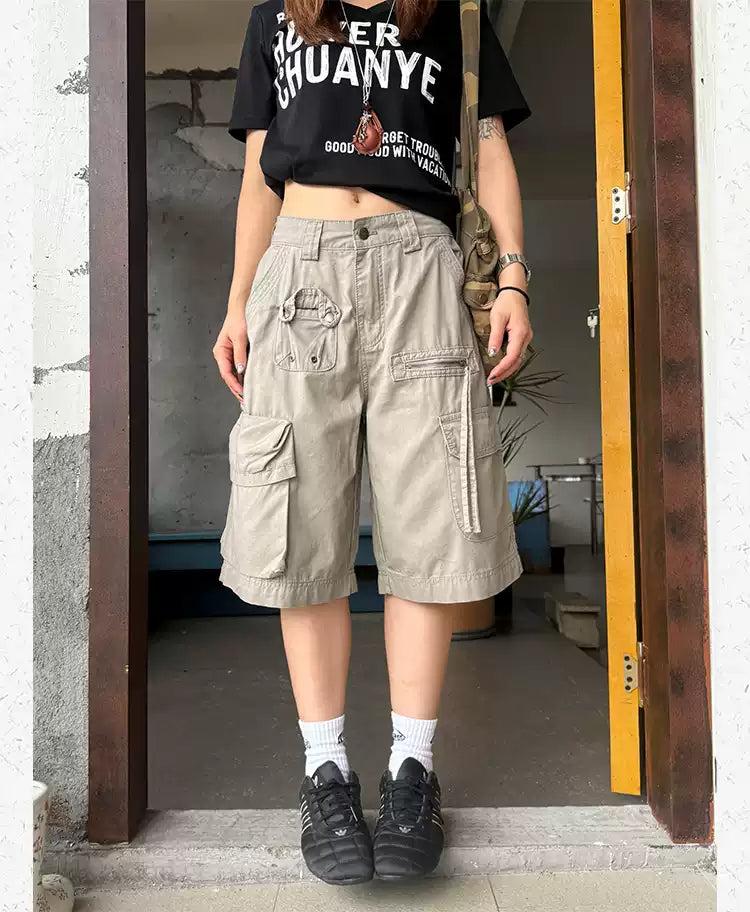 Multi-Details Cargo Denim Shorts