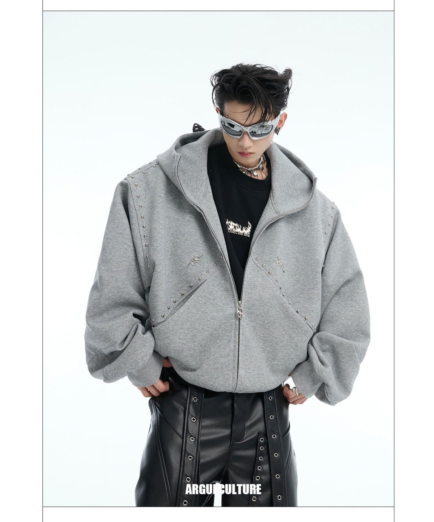 Stitched Rivet Doberman Zip-Up Hoodie