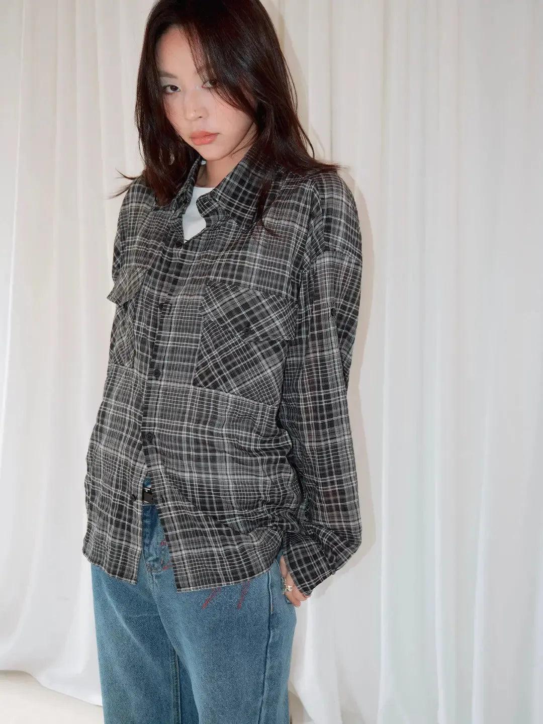 Plaid Pleated Roll-Sleeve Shirt