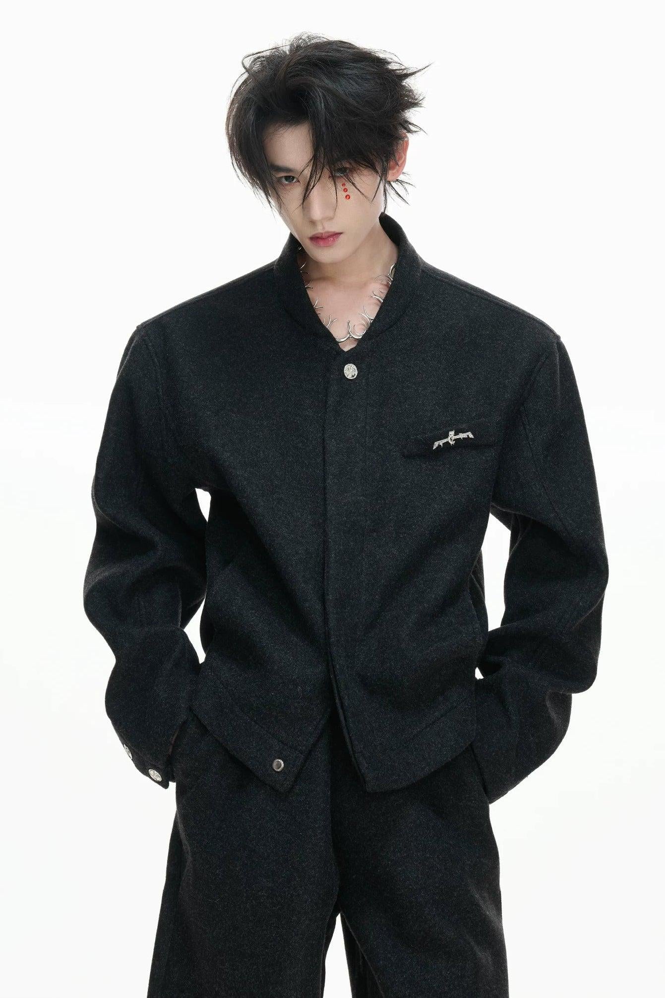 Stand Collar Strapped Jacket & Adjustable Waist Pants Set