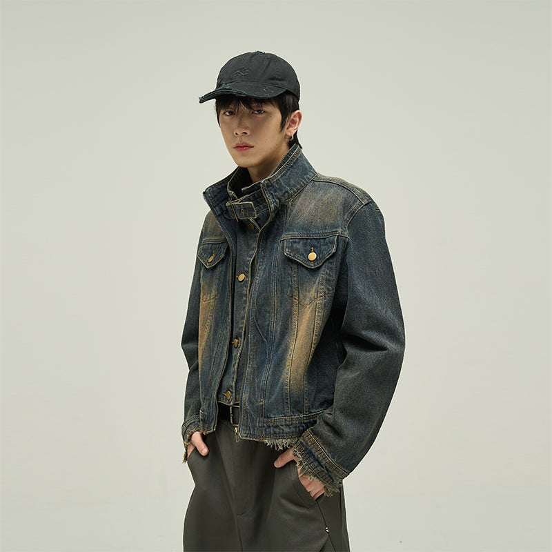 Frayed Hem Strap Faded Moto Denim Jacket