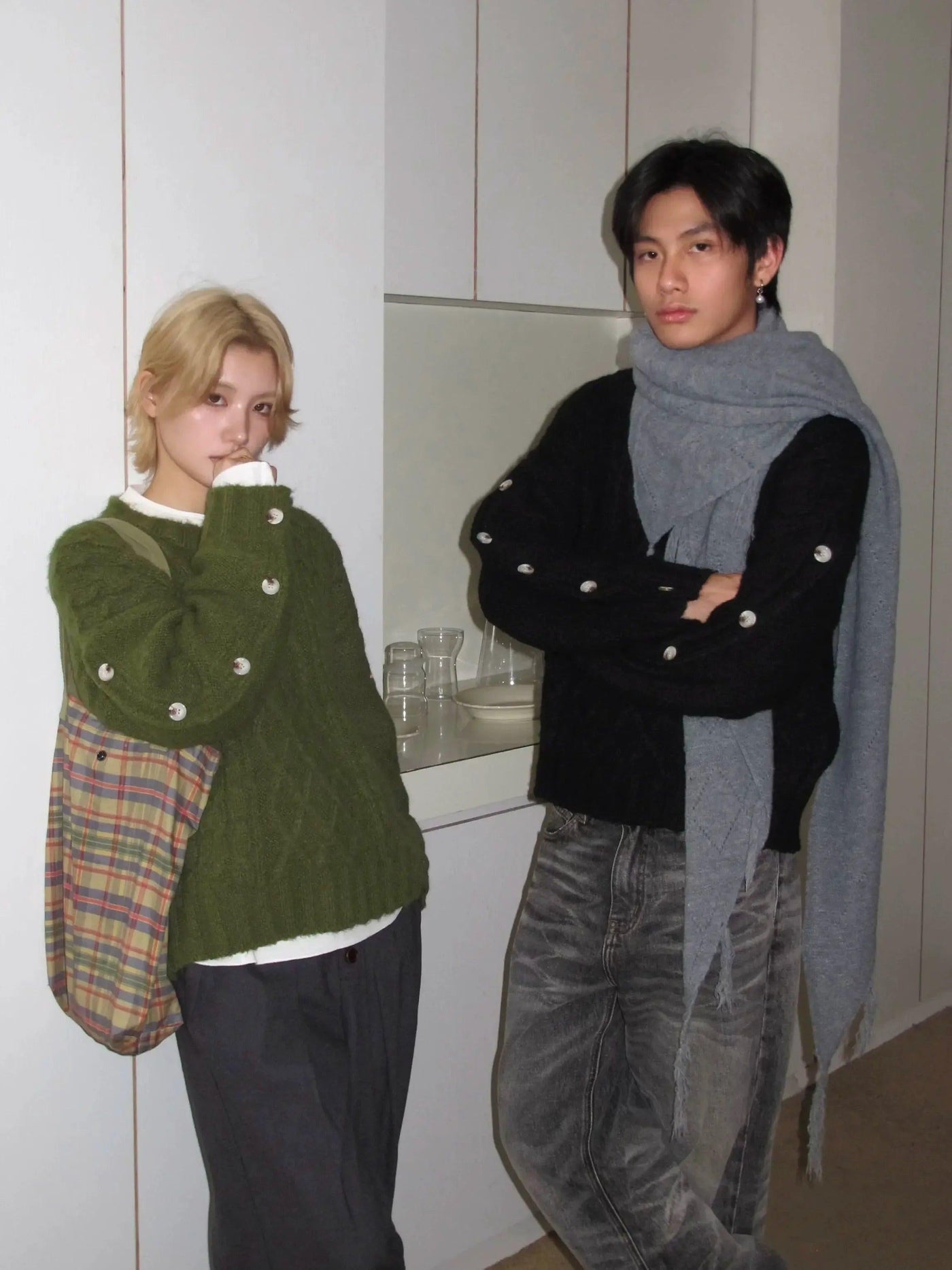 Buttoned Sleeve Pattern Knit Sweater