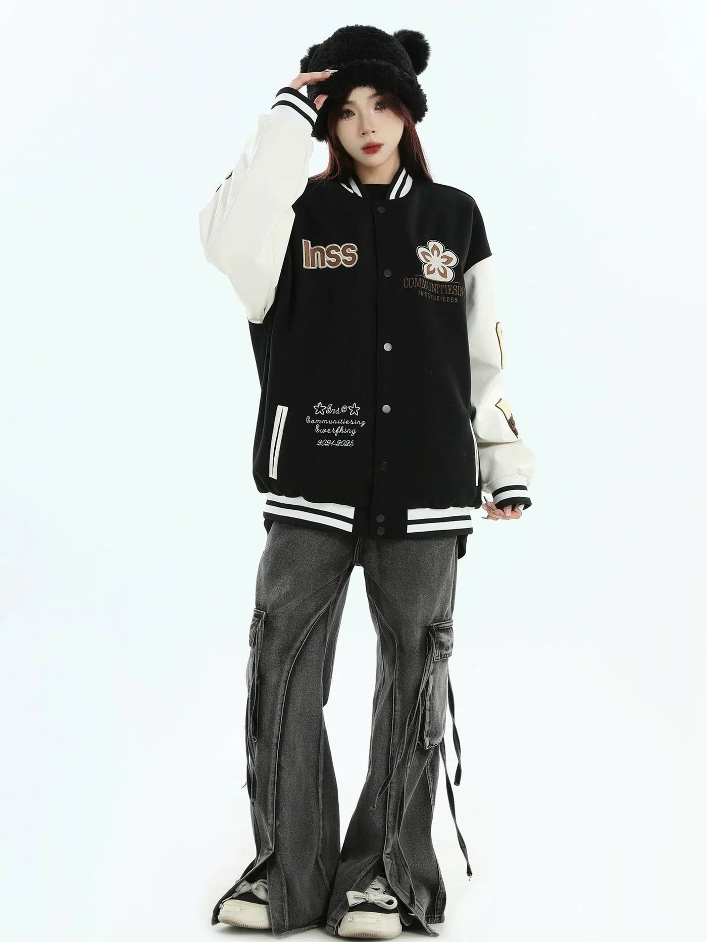 Fuzzy Flower & Logo Embroidery Varsity Jacket
