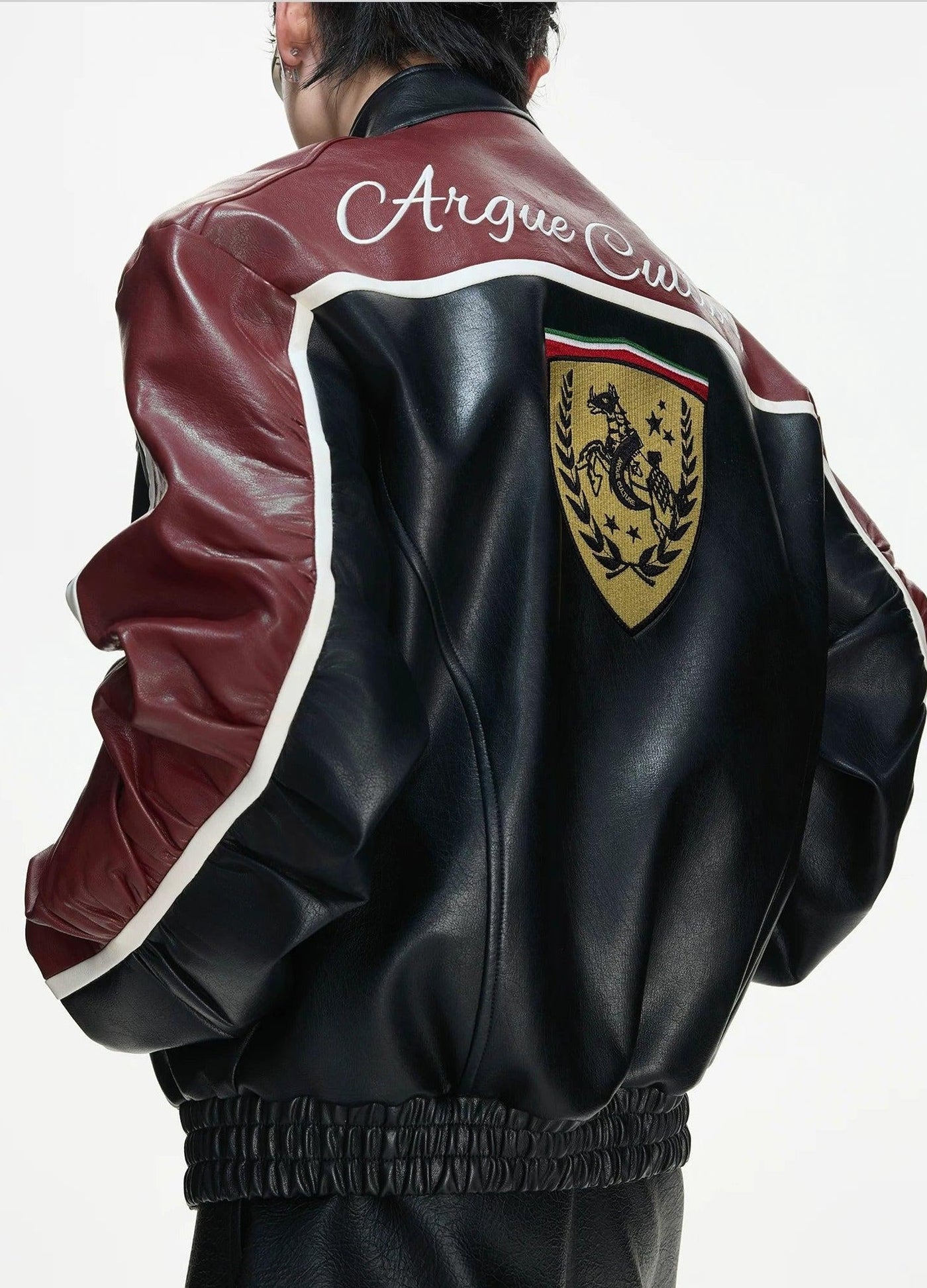 Embroidered Contrast Spliced Faux Leather Jacket