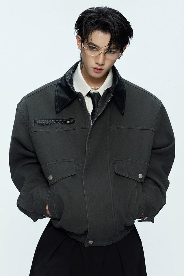 Faux Leather Collar Denim Jacket