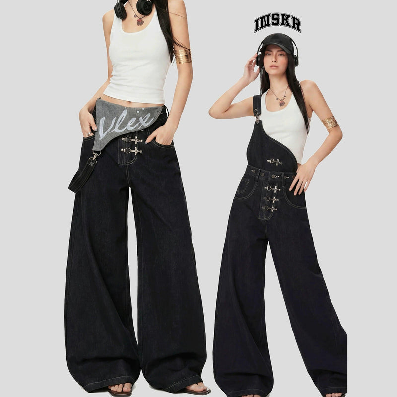 Side Shoulder Strap Fireman Clasp Denim Jumpsuit