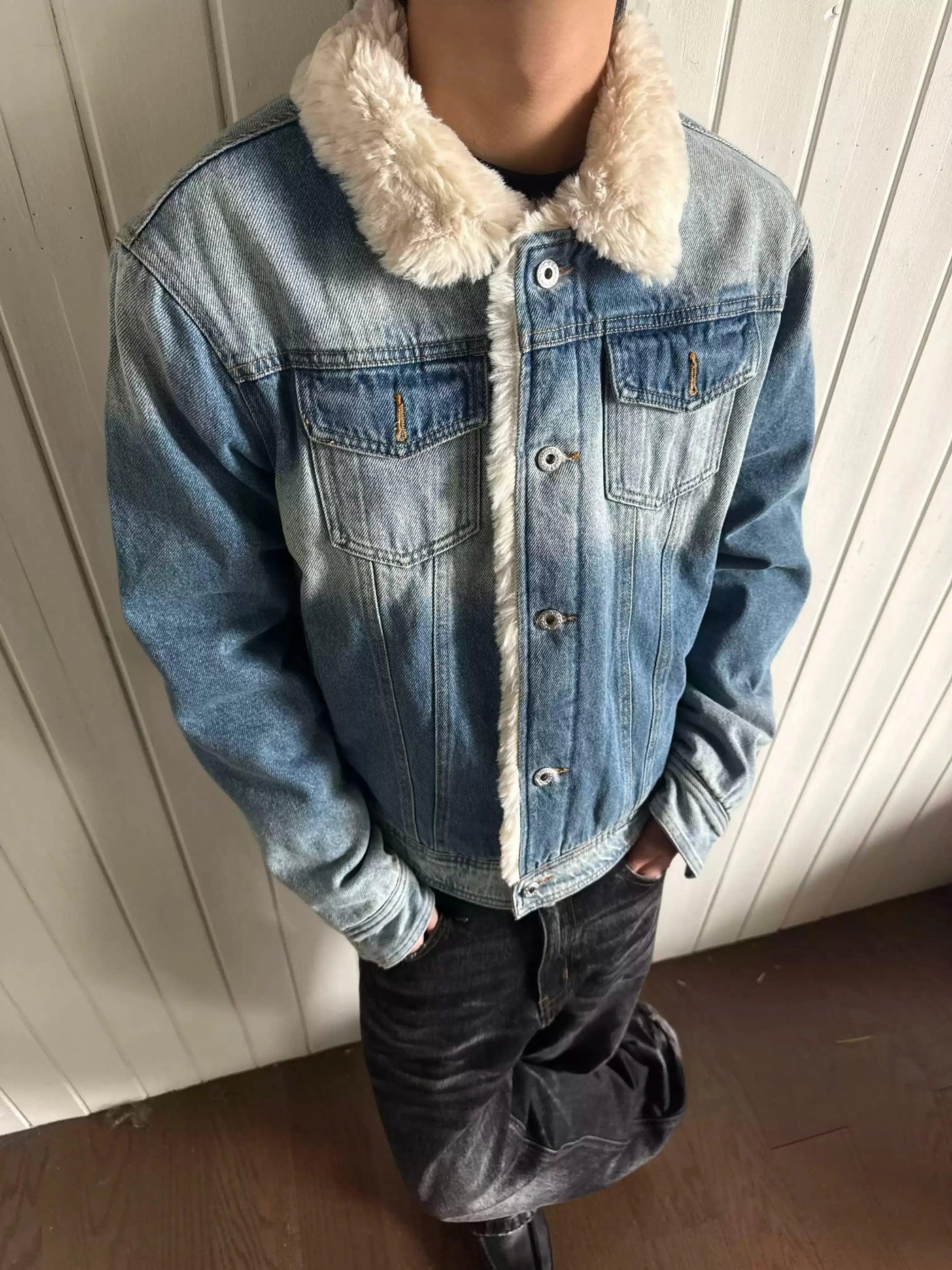 Faux Fur Outlined Washed Denim Jacket