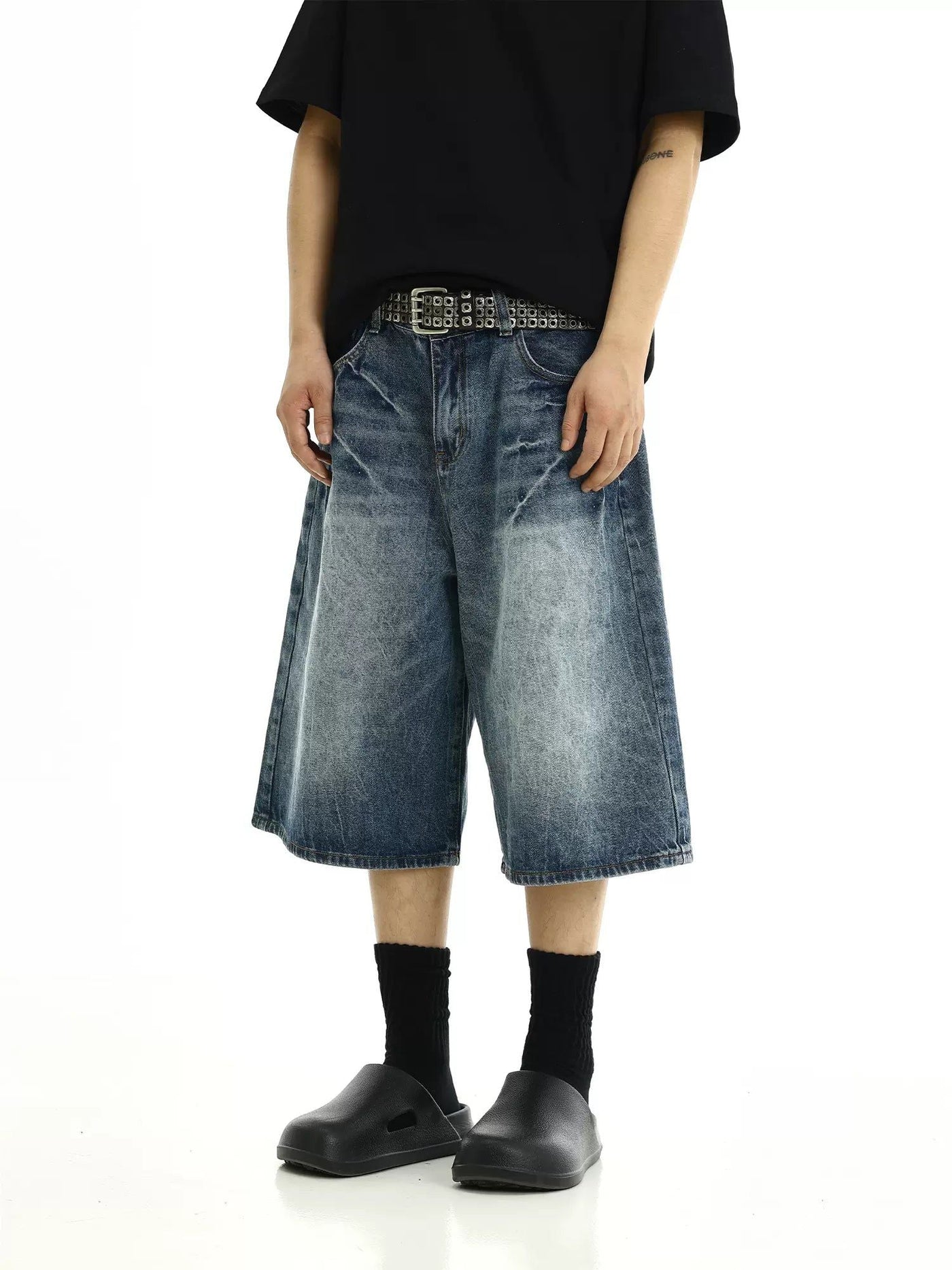 Washed Effect Lines Denim Shorts