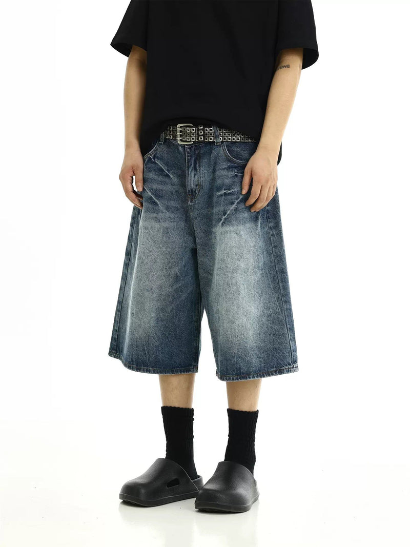 Washed Effect Lines Denim Shorts