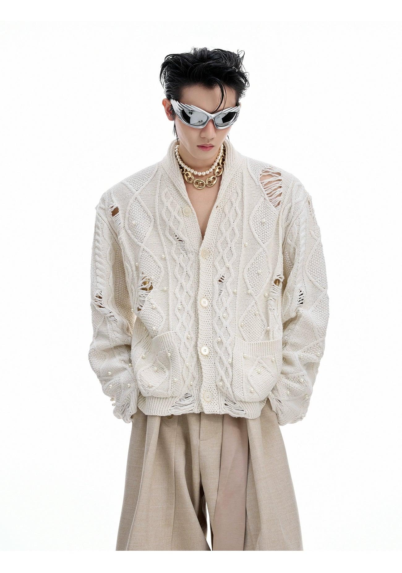 Distressed Pearl Detail Knit Cardigan