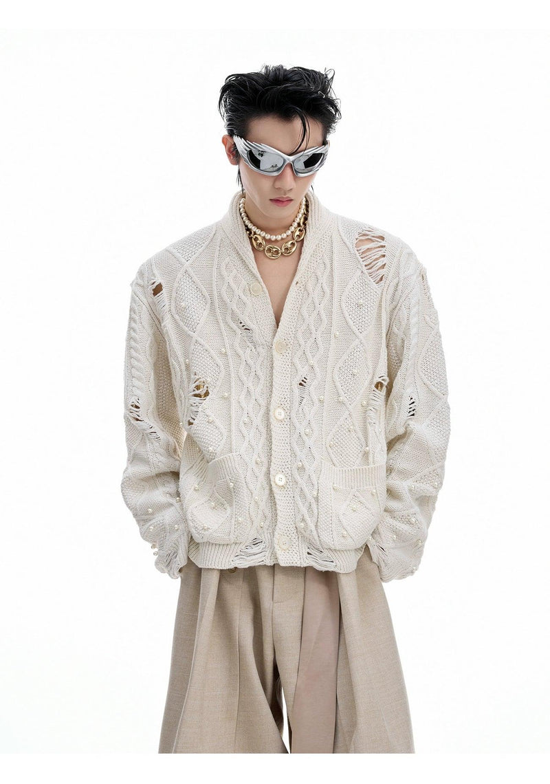 Distressed Pearl Detail Knit Cardigan