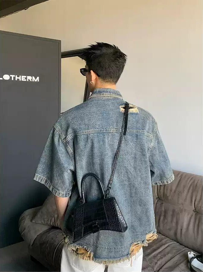 Tassel Ripped Layer Faded Denim Shirt