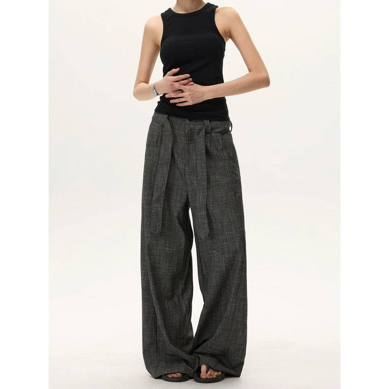 Cloth Belt Textured Loose Fit Pants