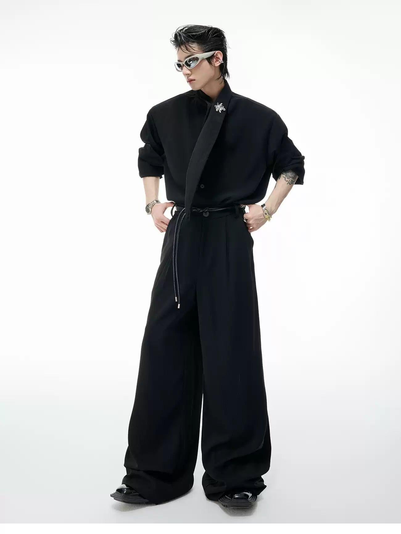 Textured Scarf Detail Shirt & Wide Pants Set