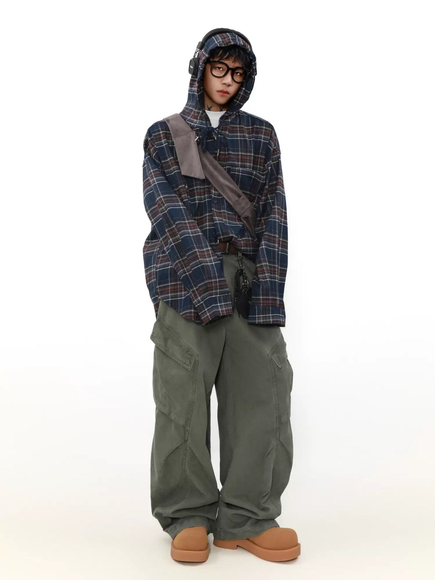 Pull String Hood Plaid Shirt