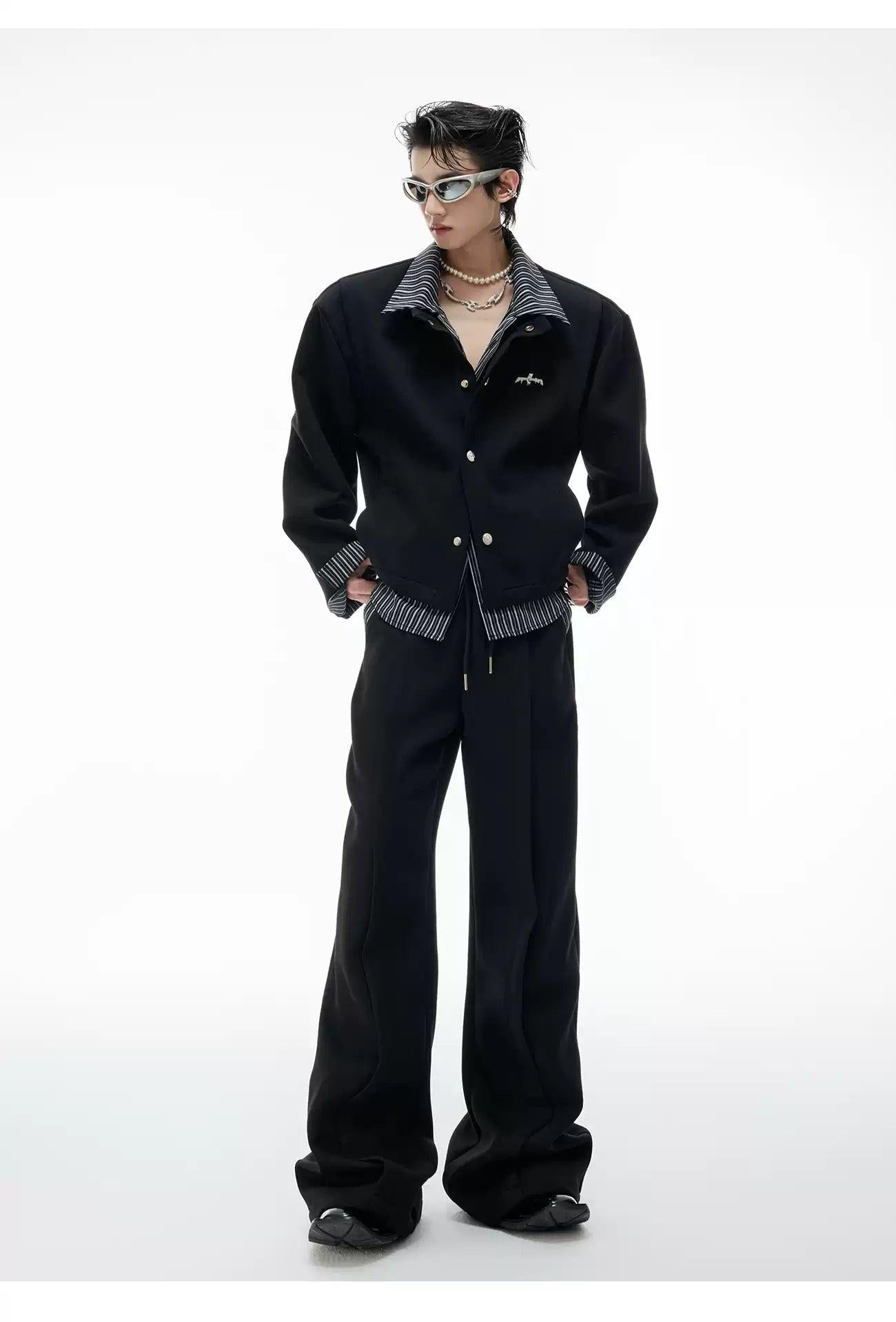 Layered Stripe Buttoned Jacket & Drawstring Sweatpants Set