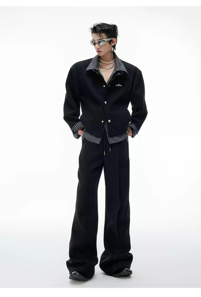 Layered Stripe Buttoned Jacket & Drawstring Sweatpants Set