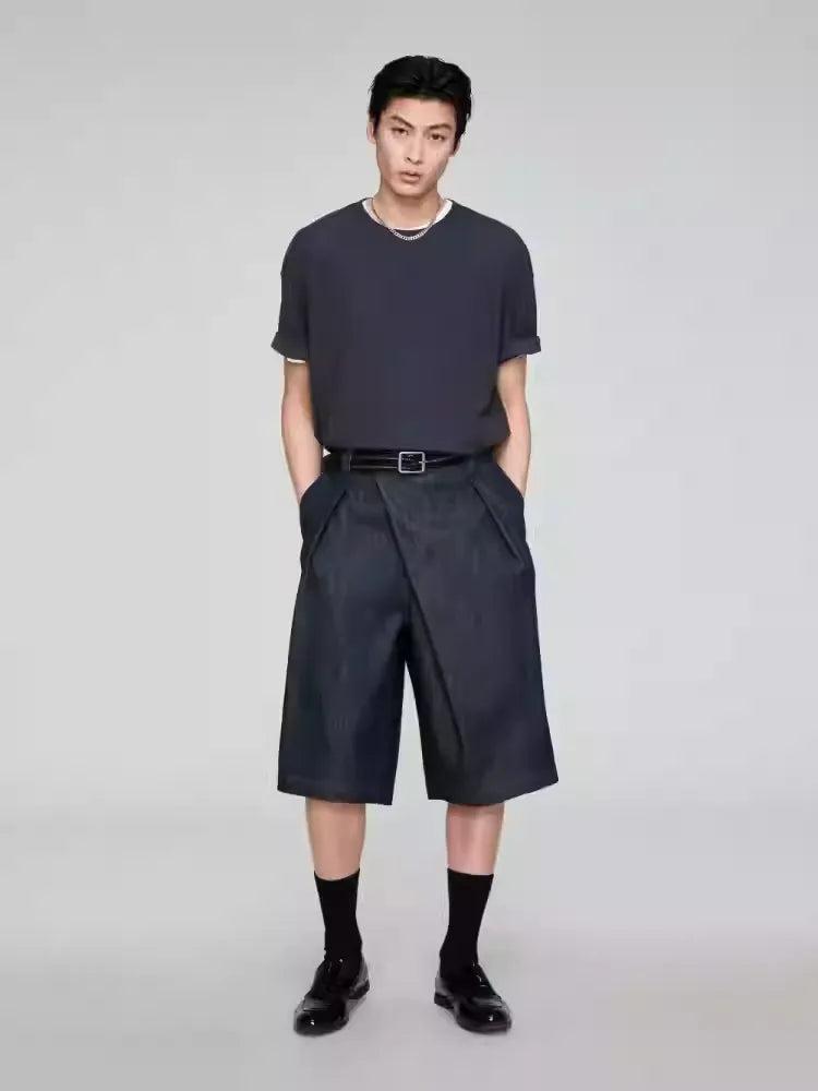 Slant Placket Wide Denim Shorts