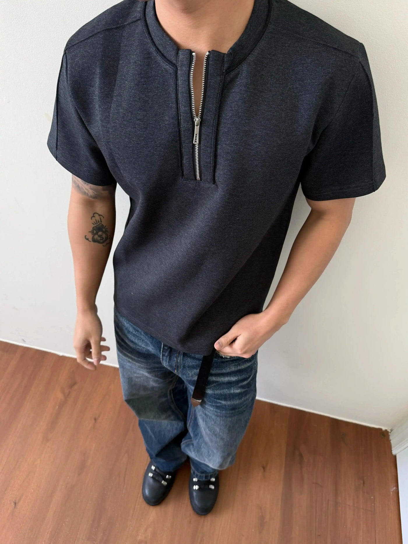 Half-Zipped Solid Color T-Shirt