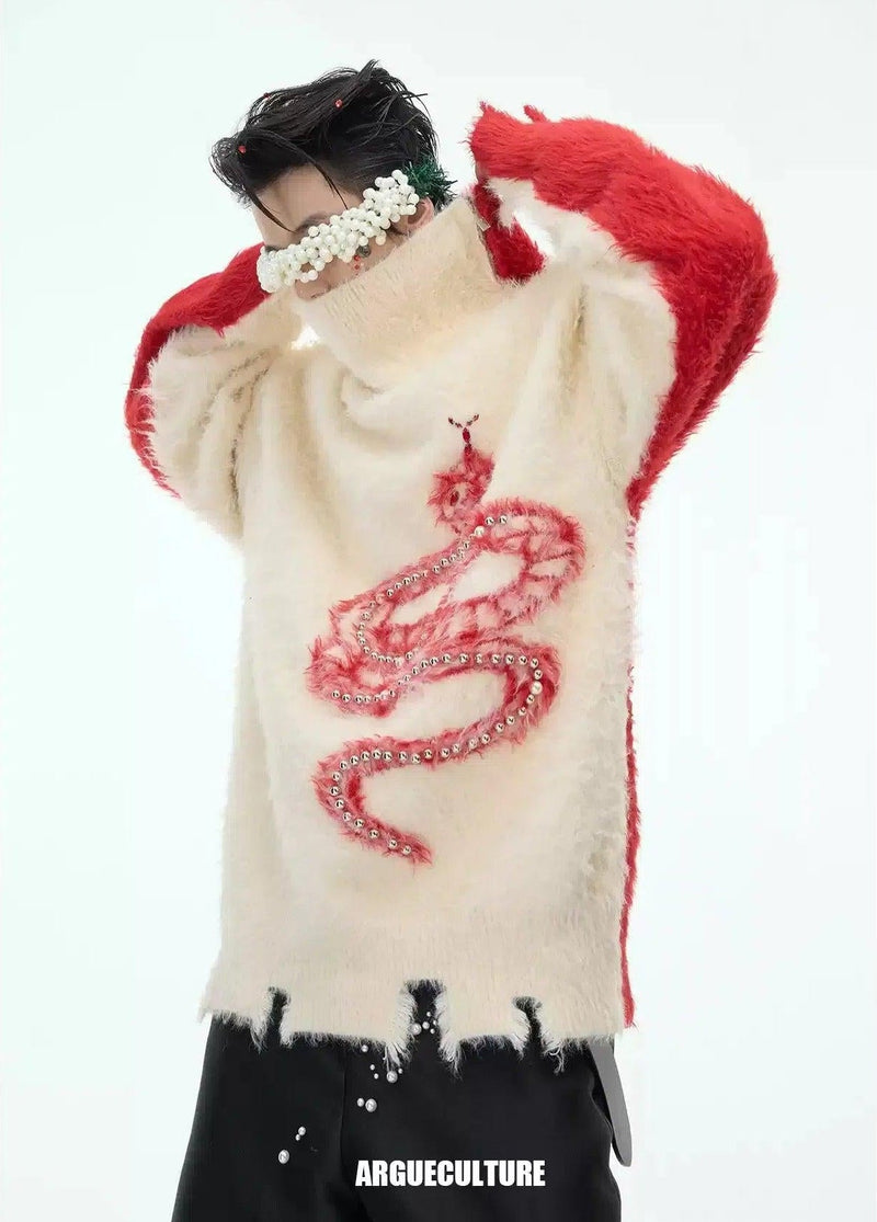 Contrast Pearl Lined Snake Fuzzy Sweater