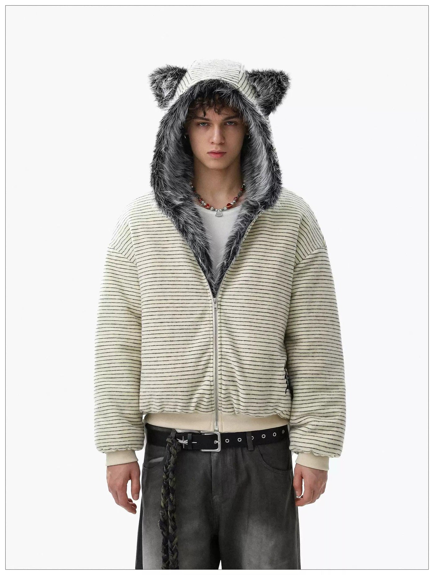 Teddy Bear Fur-Trimmed Stripes Jacket