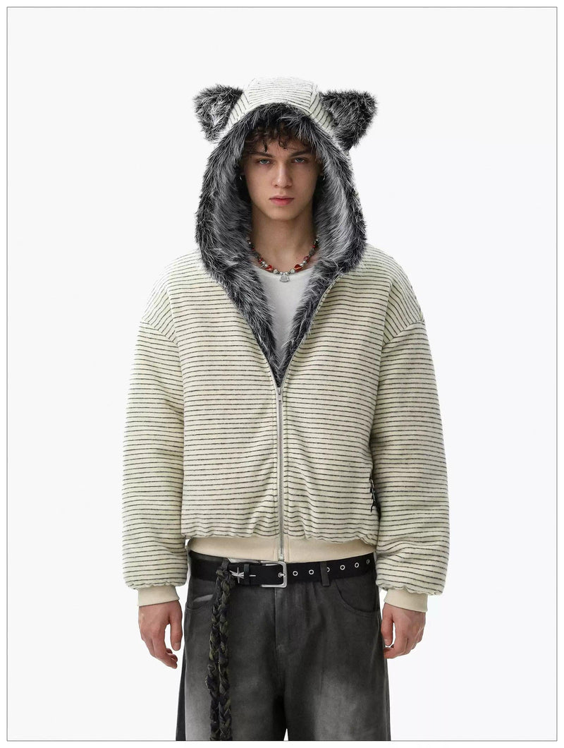 Teddy Bear Fur-Trimmed Stripes Jacket