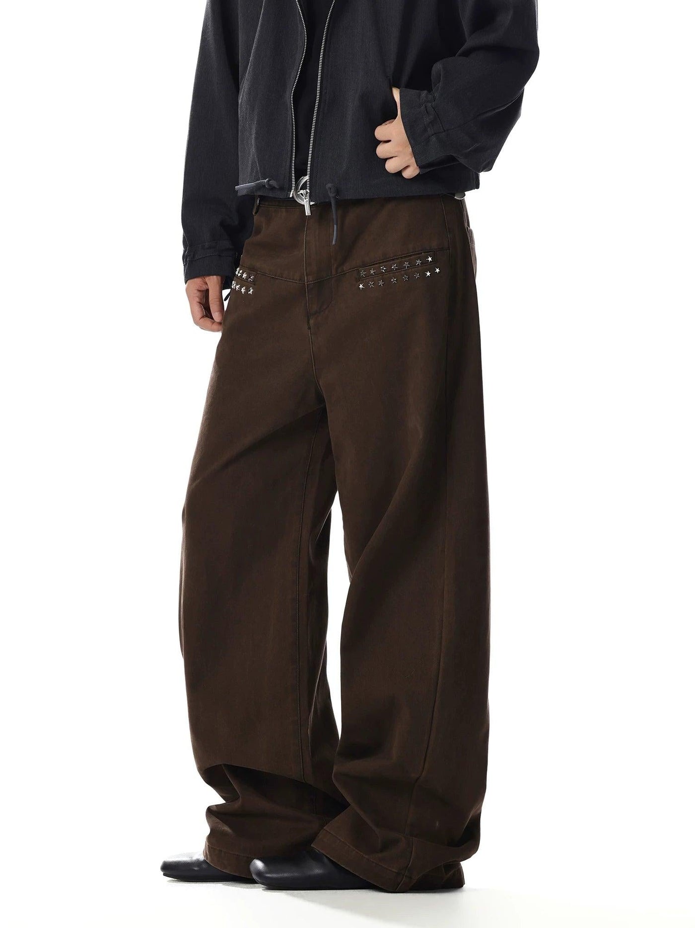 Washed Rivet Detail Wide Leg Jeans