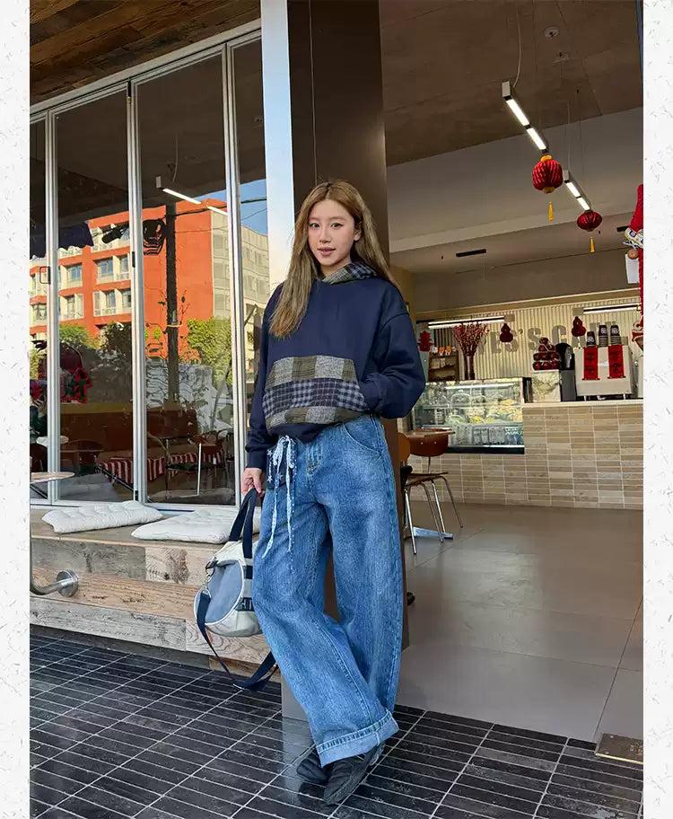 Bamboo Pattern Washed Wide Leg Jeans