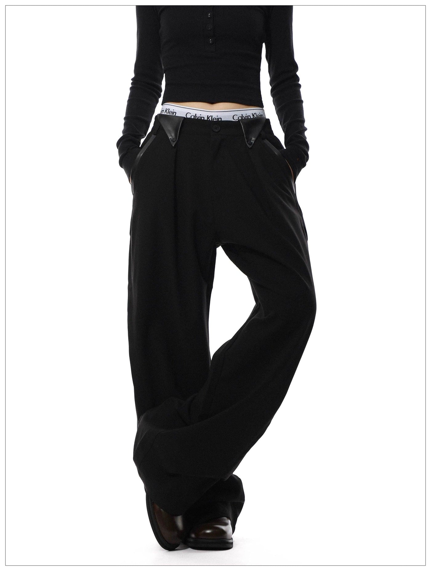 PU Leather Detail Straight Pants