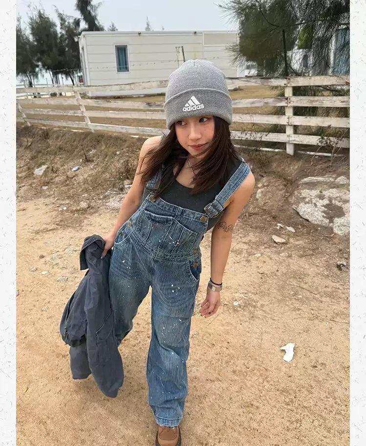 Textured Paint Splatted Denim Jumpsuit
