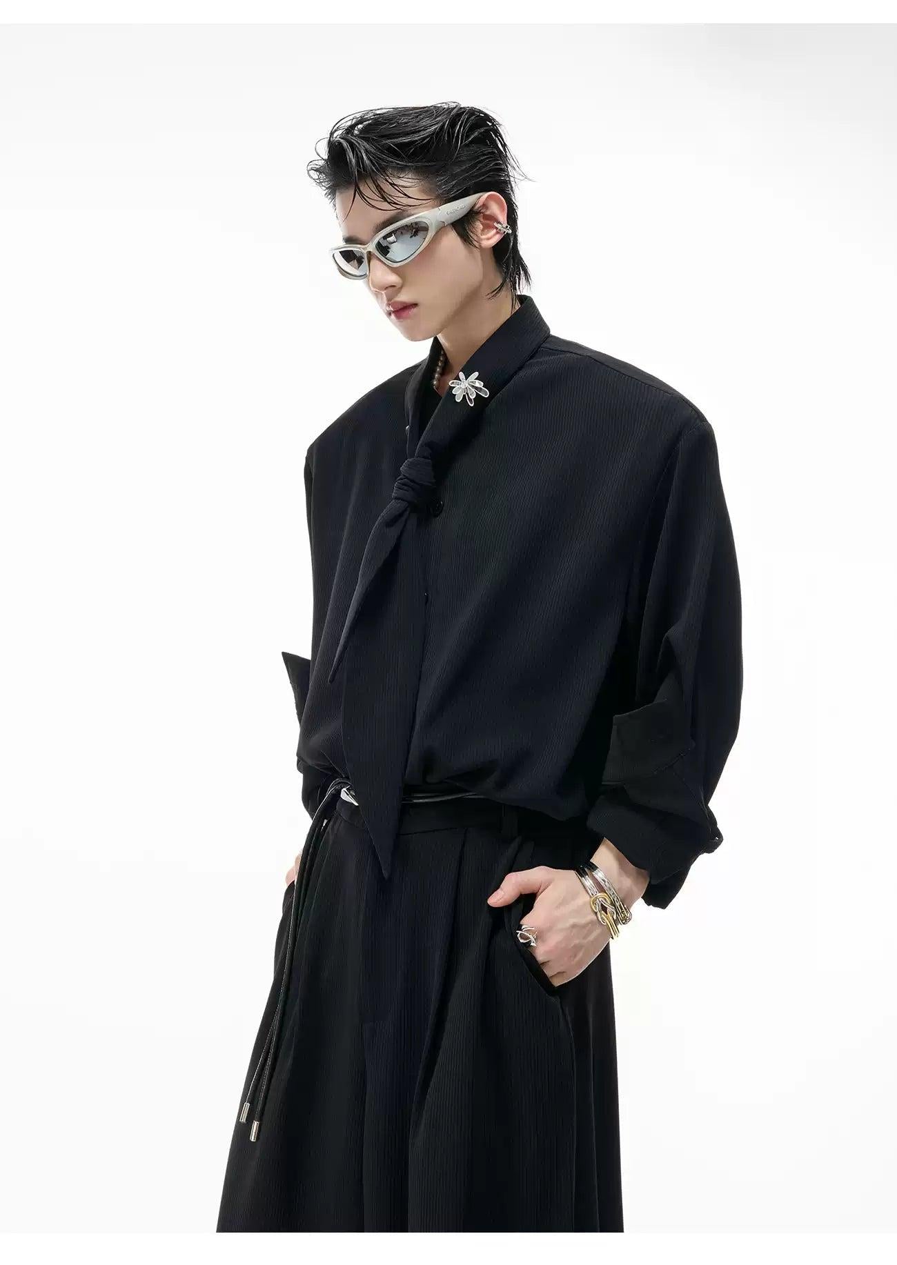 Textured Scarf Detail Shirt & Wide Pants Set