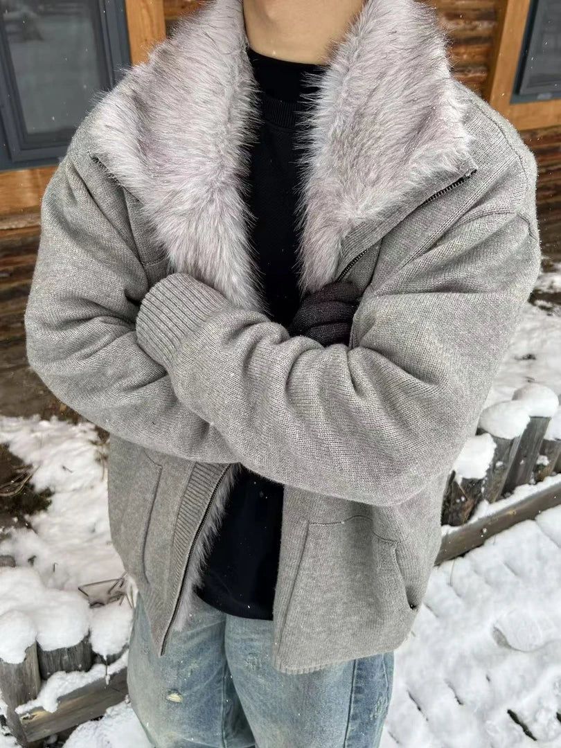 Breast Pocket Faux Fur Knit Jacket