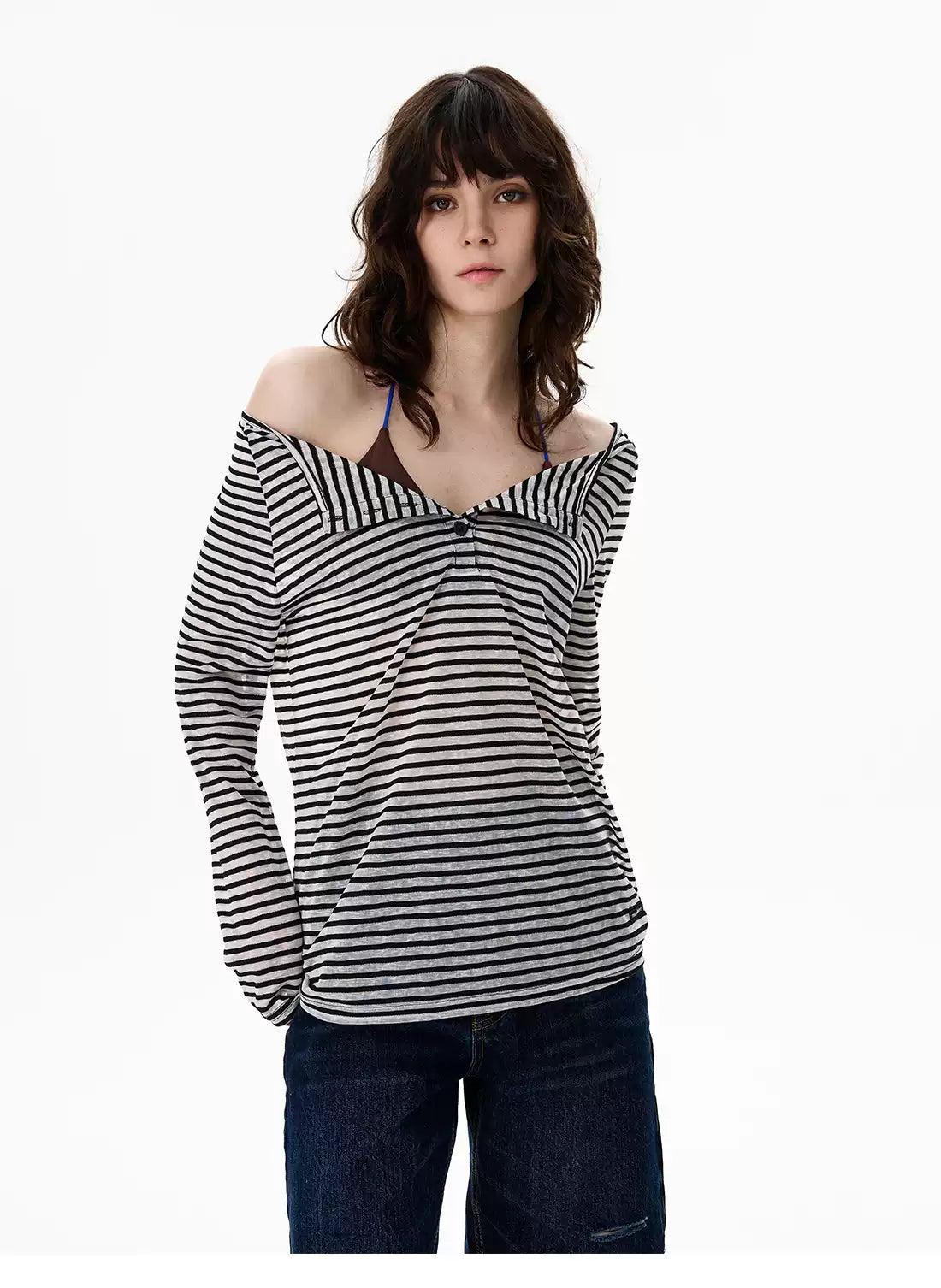 Striped Buttoned Sheer Blouse