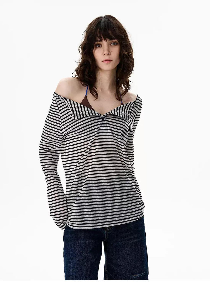 Striped Buttoned Sheer Blouse