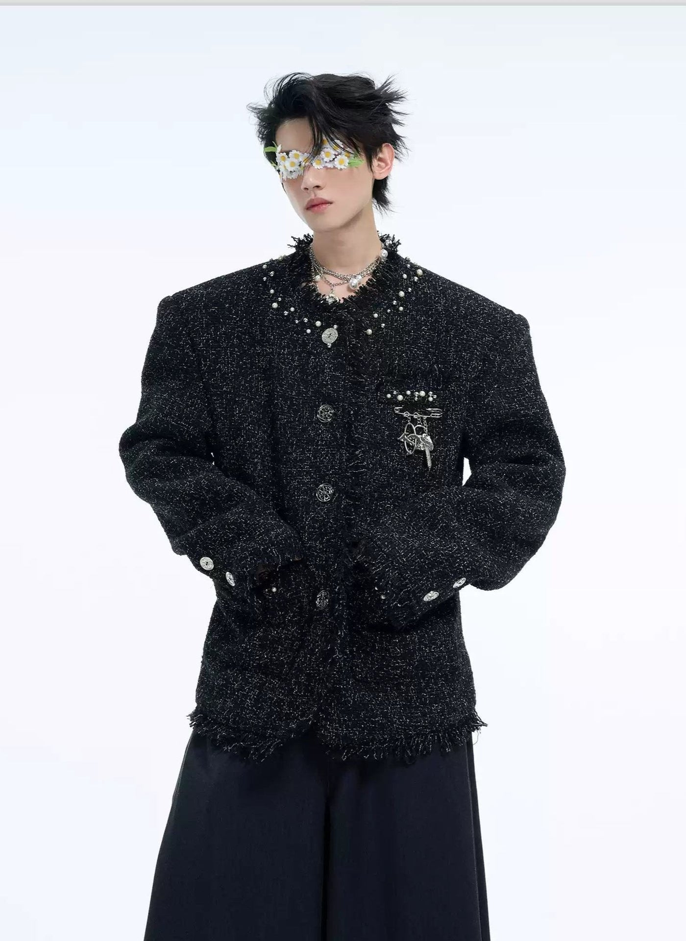 Pearled Frayed Textured Blazer
