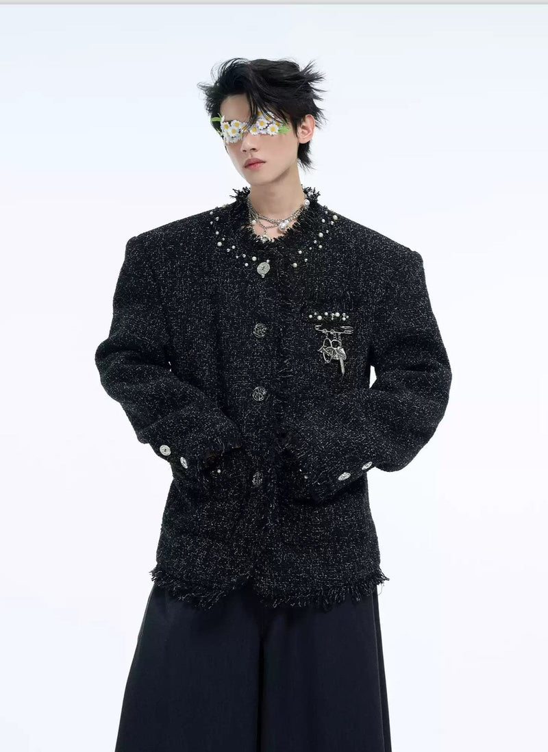 Pearled Frayed Textured Blazer