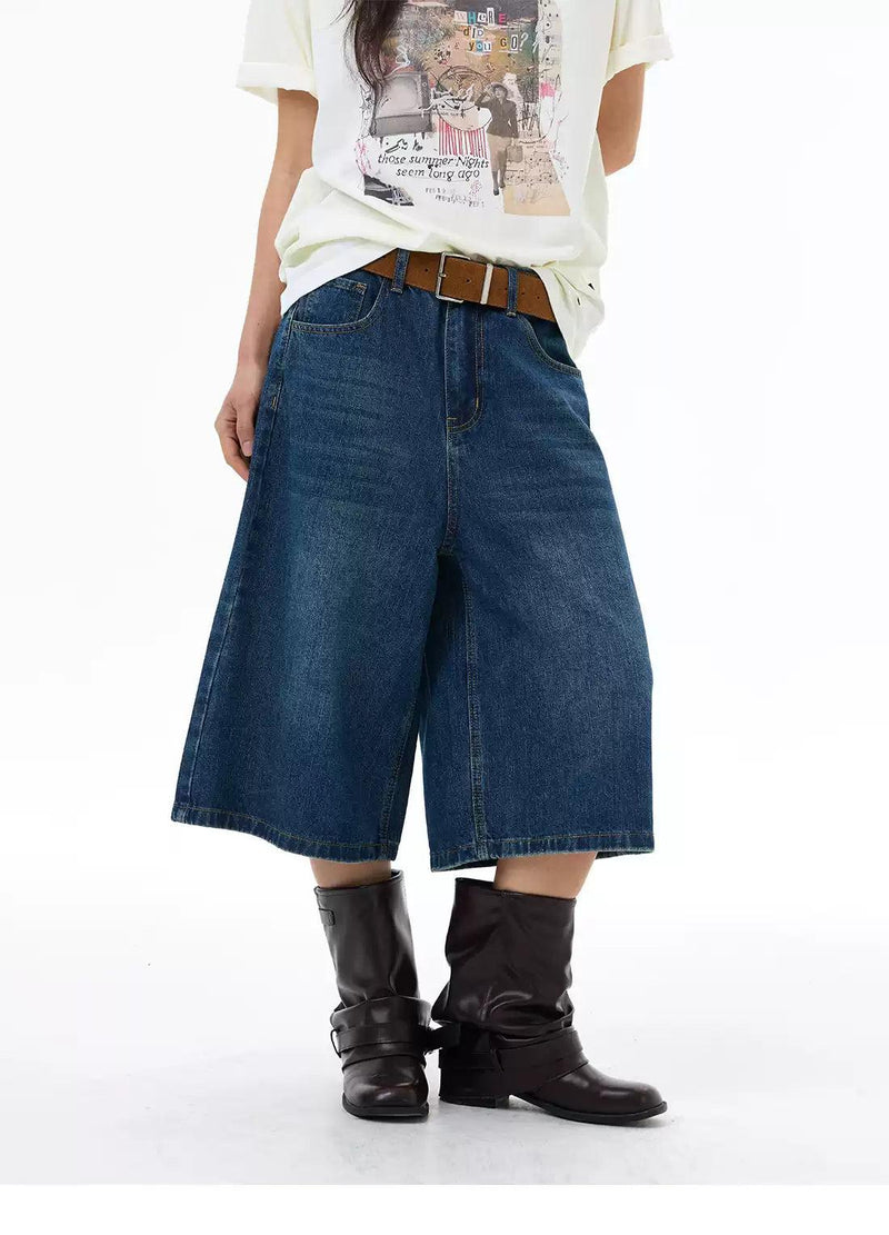 Wide Leg Mid-Length Denim Shorts