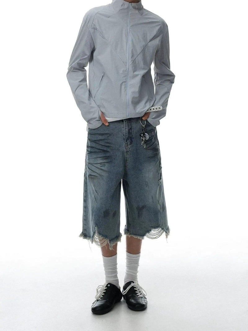 Washed Distressed Raw Hem Denim Shorts