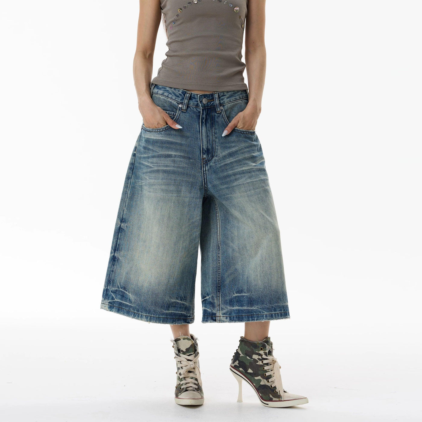 Distressed Wide Leg Denim Shorts