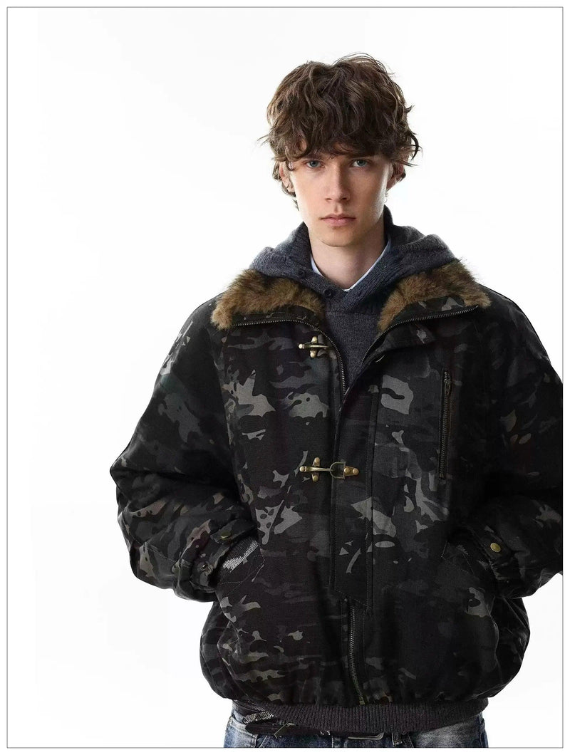 Faux Fur Lined Fireman Clasp Camouflage Jacket
