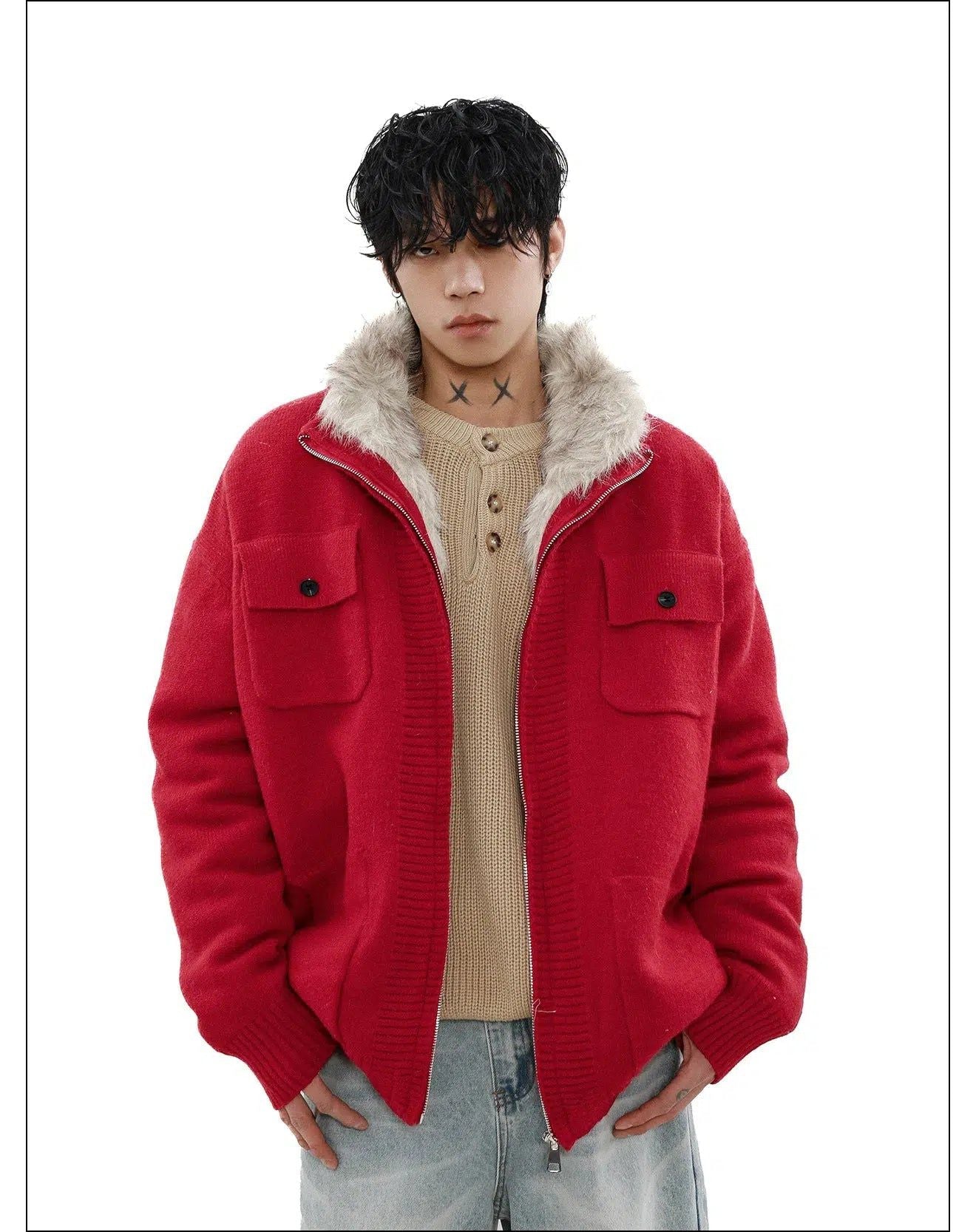 Fur Trimmed Flap Pocket Knit Jacket