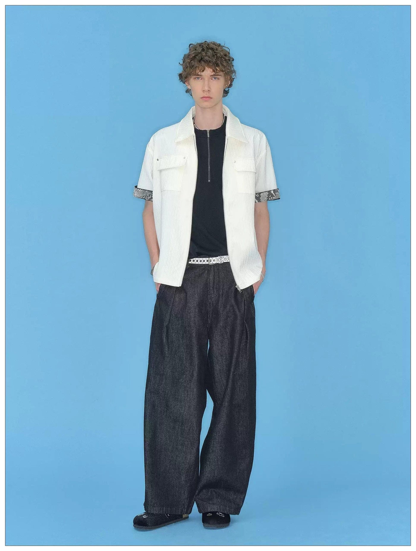 Flap Pockets Spliced Sleeve Zipped Shirt