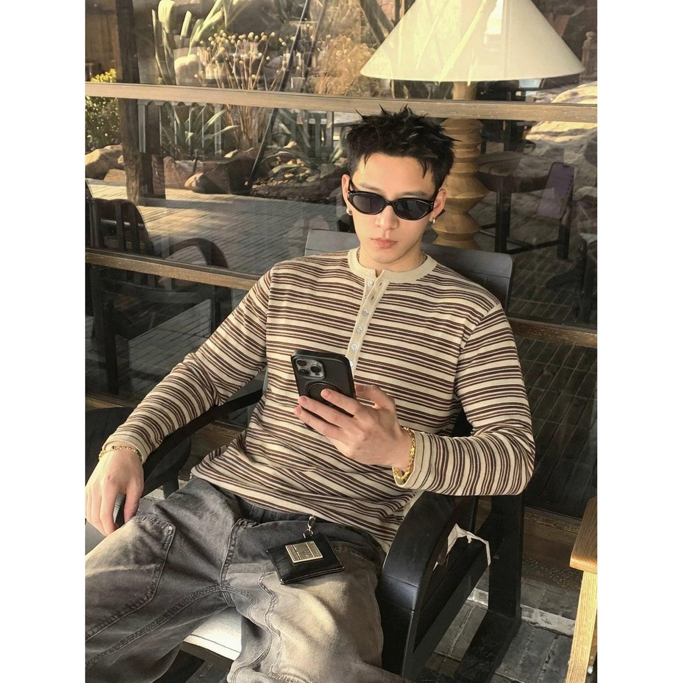 Striped Henley Collar L/S T-Shirt